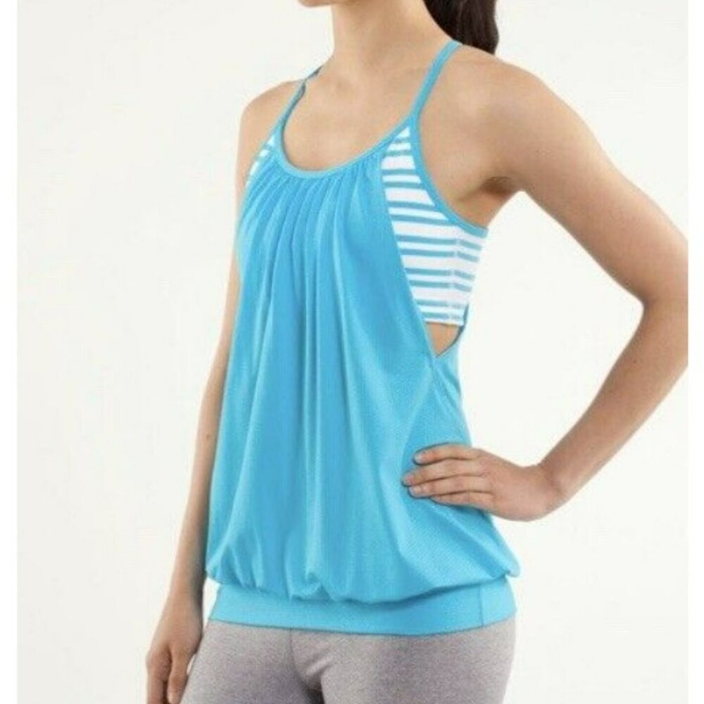 Lululemon No Limit Yoga Tank Built In Bra Blue Twin‎ Striped Gym Top Size 6